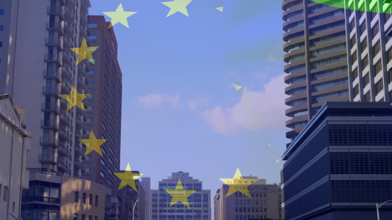 유럽 연합의  ⁇ 발이 도시 풍경 위에서 흔들리는 애니메이션