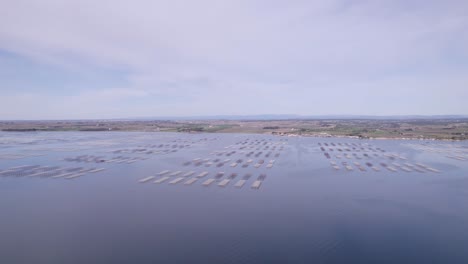 drone-aerial-view-of-a-salt-pond-in-southern-france-with-a-field-of-oysters-on-the-water,-land-and-horizon-visible,-cloudy-sky