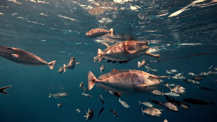 Man Snorkeling among Unicorn Fish School in Clear Blue Water
