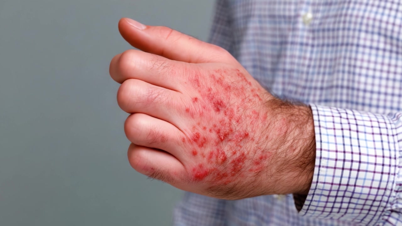 Un primo piano che raffigura una mano con lesioni cutanee e irritazioni evidenti, mostrando gli effetti di una condizione dermatologica sull'aspetto della pelle di una persona.