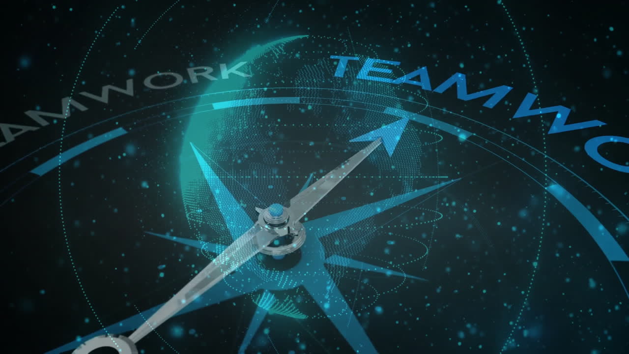 검은색 배경에 텍스트가 있는 나침반 위의 점과 함께 지구상의 애니메이션