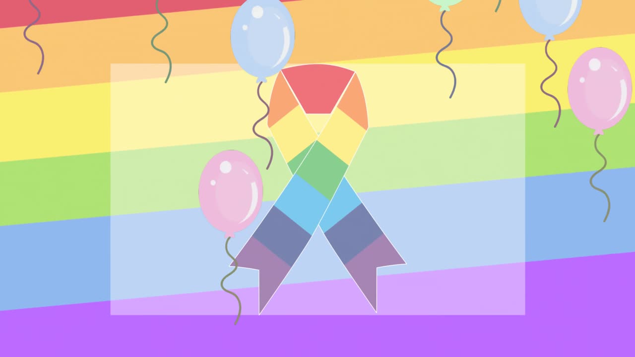 animación de globos sobre la cinta del arco iris en el fondo del arco iris