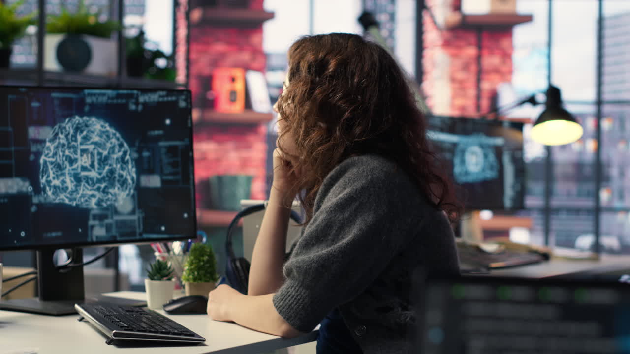 Female system admin doing maintenance on AI brain pc systems