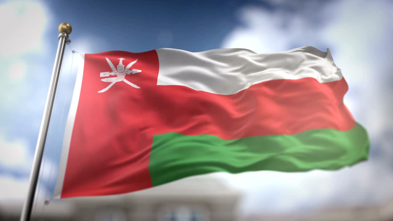 Bandiera dell'Oman che sventola in slow motion Rendering 3D Sfondo cielo blu - Loop continuo 4K