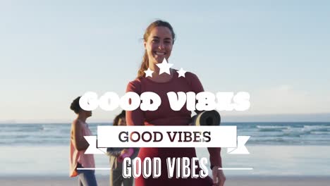 Animation-of-good-vibes-text-over-smiling-diverse-female-friends-holding-yoga-mats