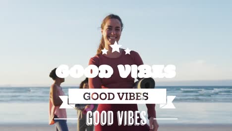 animación de buenas vibraciones texto sobre sonrientes amigas diversas sosteniendo esteras de yoga