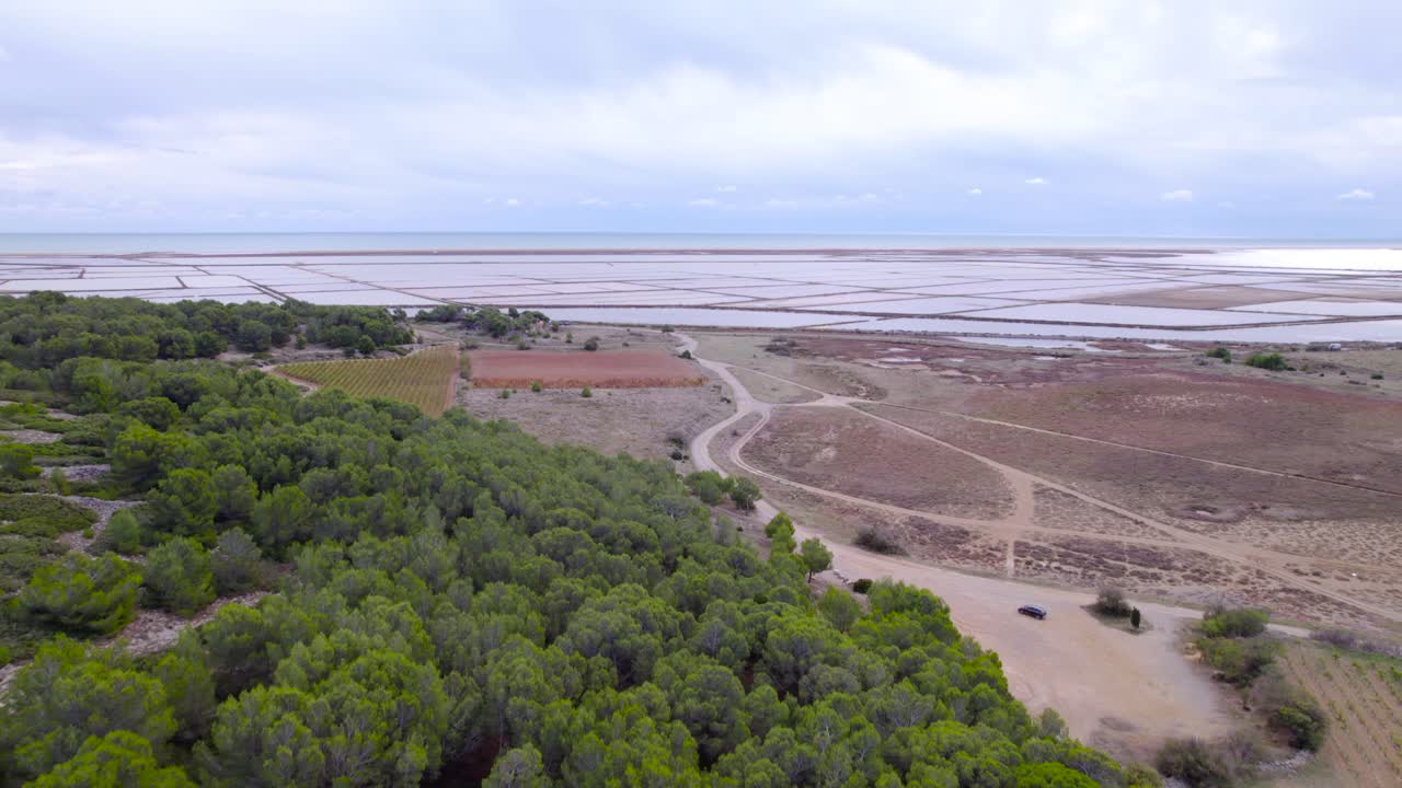 toma de inclinación aérea que revela los estanques y el paisaje de las llanuras de sal de sete