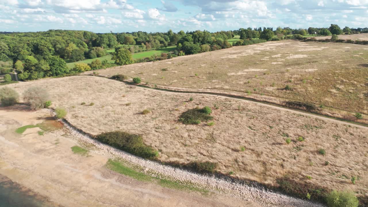 Aerial view of Rutland Water, serene landscape, nature near Oakham, UK