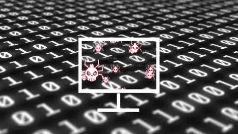 computer virus icons and binary code animation over monitor graphic