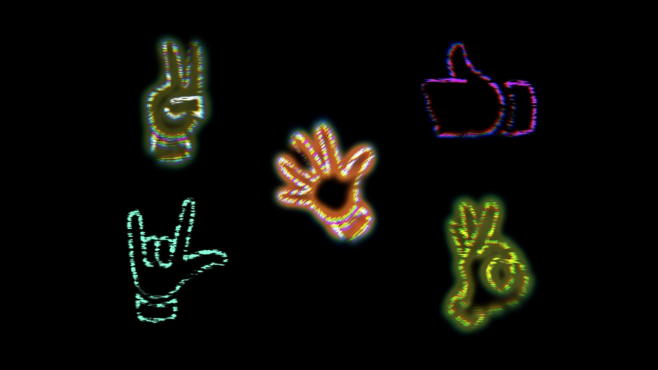 Gesti animati di mani al neon con effetto glitch