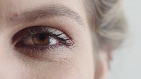 close up portrait beautiful woman eye opening looking happy expression wearing makeup cosmetics