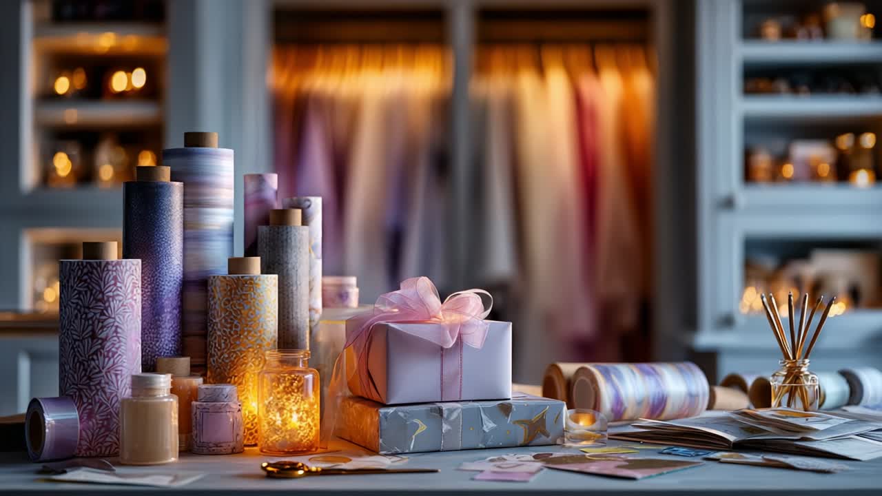 A Cozy and Inviting Display of Colorful Gift Wrapping Paper Rolls and Decorative Accessories Arranged Artistically on a Table, Surrounded by Beautiful Twinkling Lights and Soft Textiles in the Background