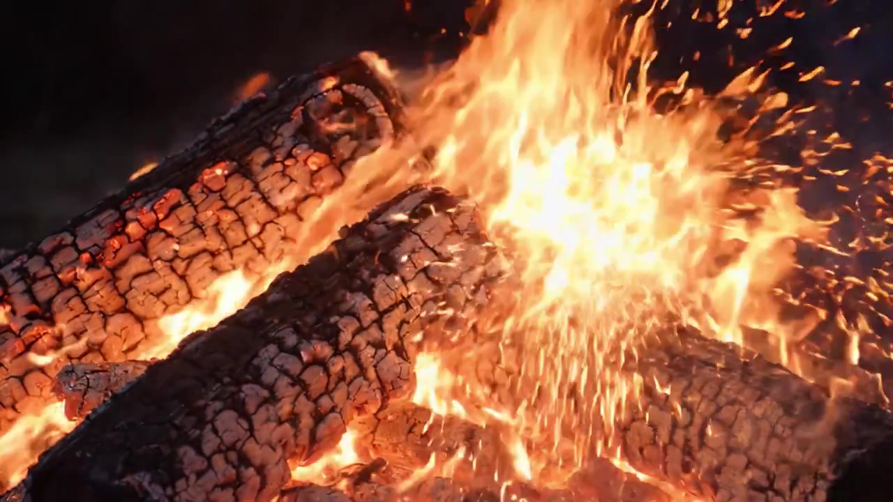 Fiamme Accattivanti Danzano su Tronchi Carbonizzati: Una Vivida Dimostrazione della Potenza e Bellezza del Fuoco che Riscalda l'Anima e Illumina l'Oscurità.