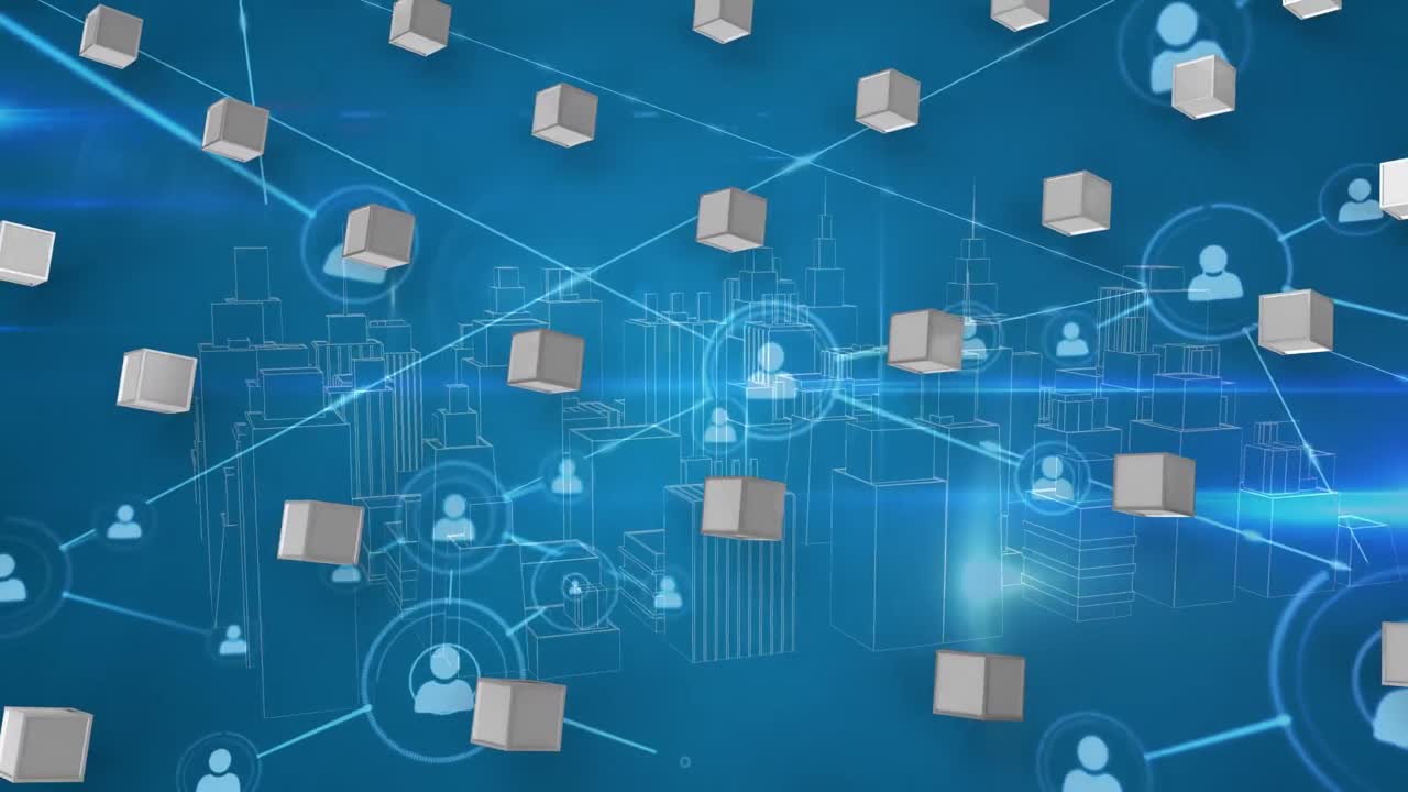 도시 풍경 위의 아이콘으로 연결된 네트워크의 애니메이션