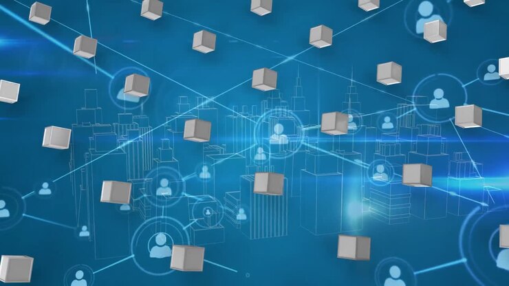 Animation of network of connections with icons over cityscape