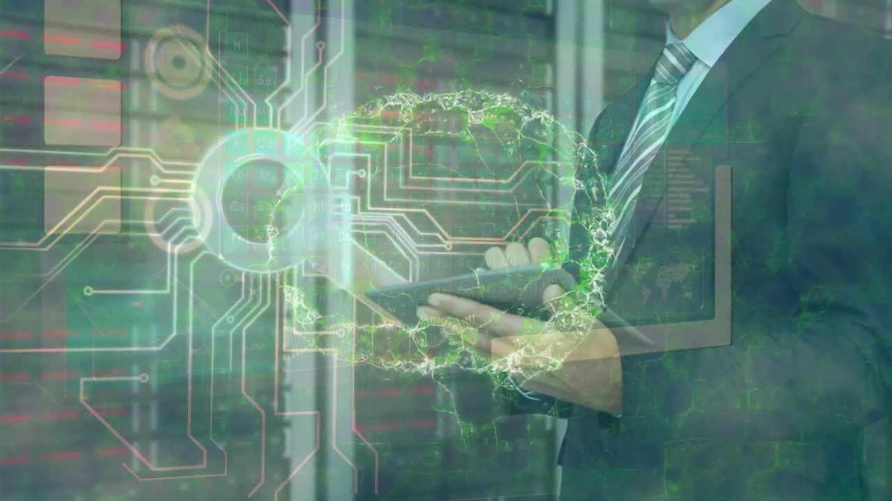 뇌의 애니메이션, 태블릿과 프로세서를 사용하는 사람