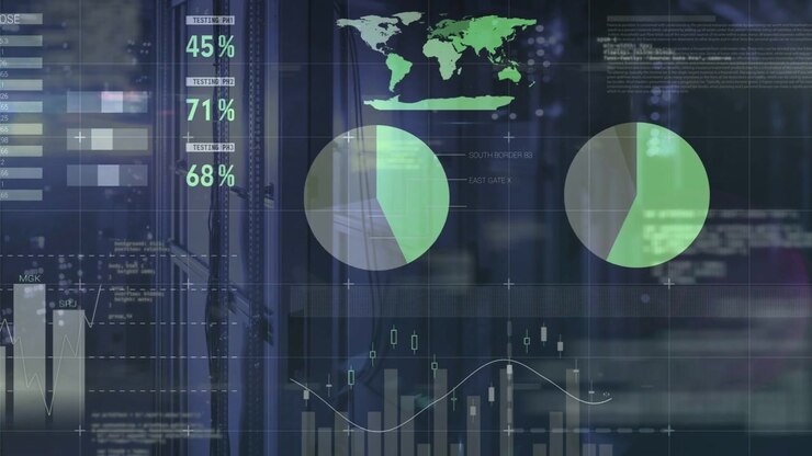 Translucent dashboard responding to real-time finance feed, updating charts, gauges, maps, tables