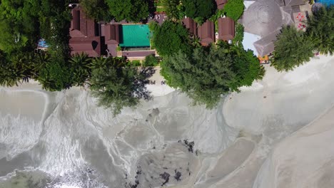 aerial: static drone shot of the hotel with a swimming pool on the coastline, low tide at the ocean