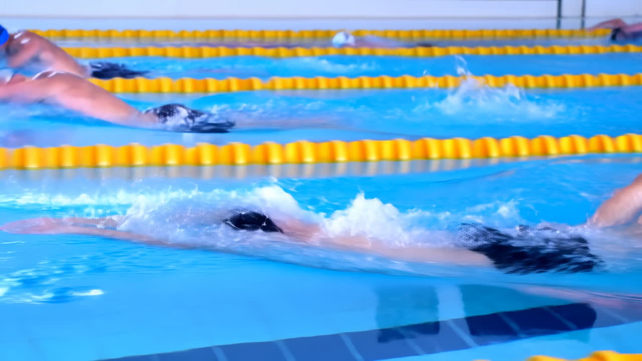 Männlicher Schwimmer bei einem Freistilrennen in einem Hallenbad