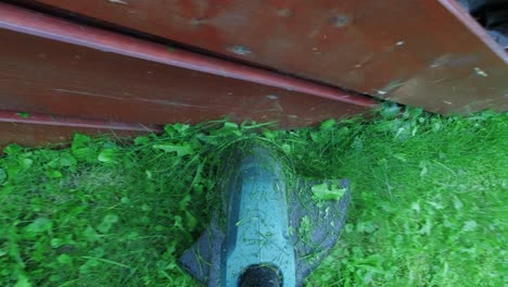 cortar hierba con recortadora de cuerdas, punto de vista de cerca, nadie, jardinería y cultivo de césped, mantenimiento de herramientas eléctricas del patio trasero, mejoras para el hogar