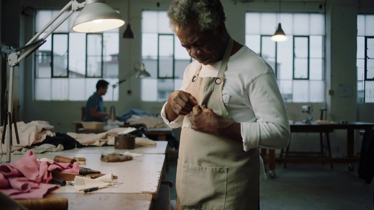Adjusting apron, senior tailor preparing and sewing button at bench in workshop, copy space