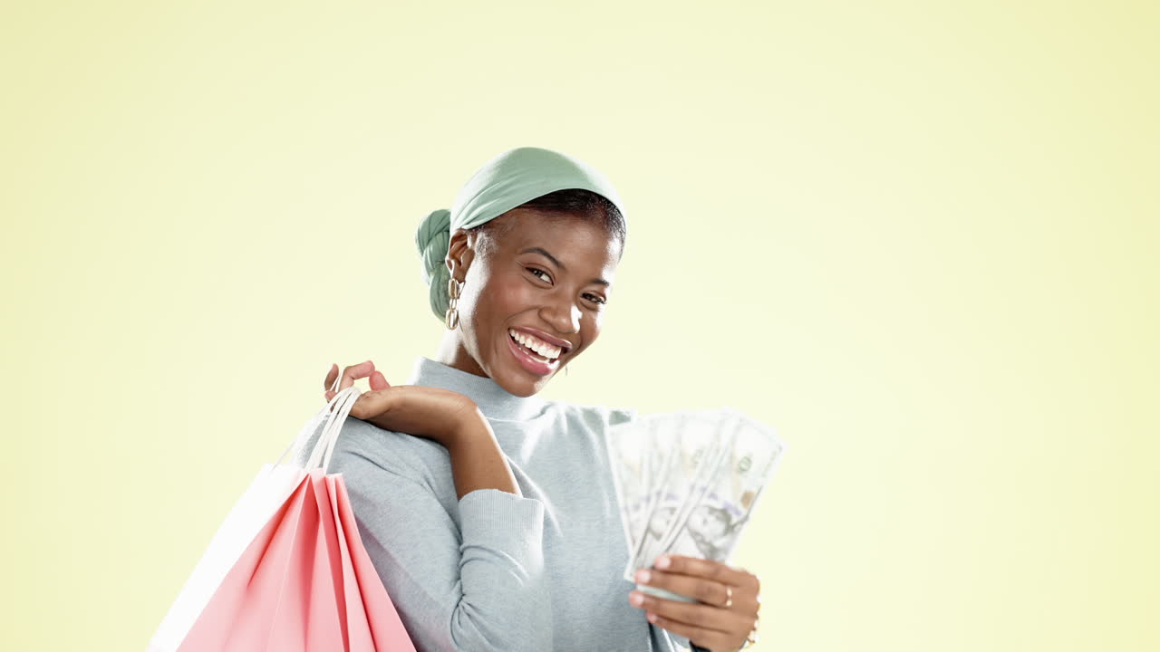 Shopping bag, spree and retail with black woman