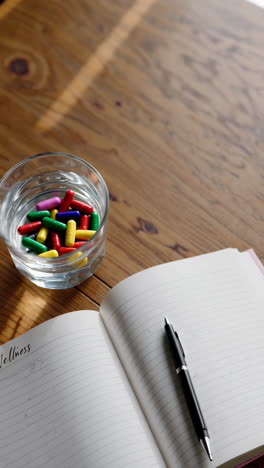wellness journal with pills and water