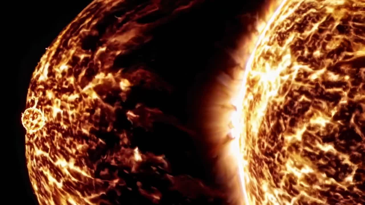 Dynamisches Video-Konzept einer feurigen Sonne, die Sonneneruptionen ausstößt