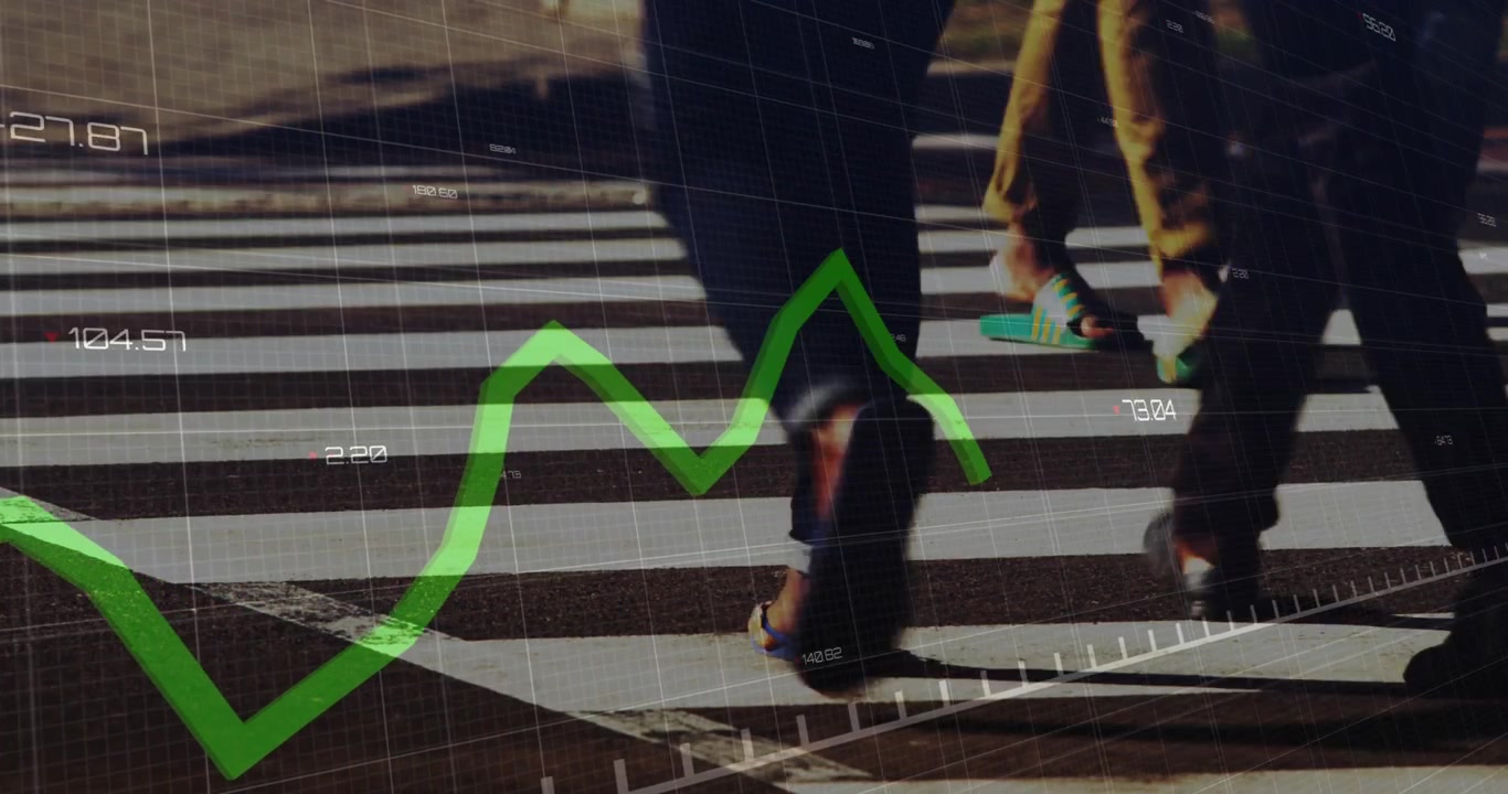 Graphique vert débutant en bas à gauche, montrant une tendance, tandis qu'un piéton traverse un passage clouté et qu'un véhicule s'engage.