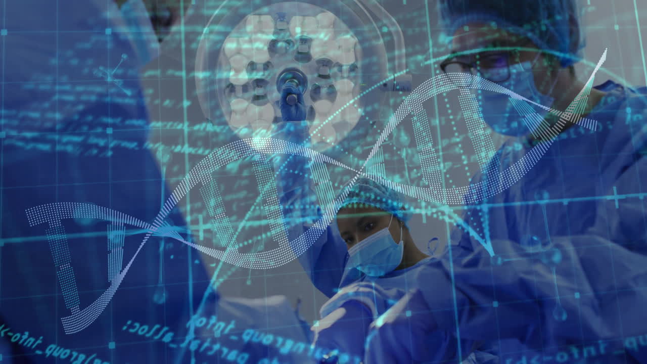 Animation of data processing and dna strand over diverse surgeons during operation