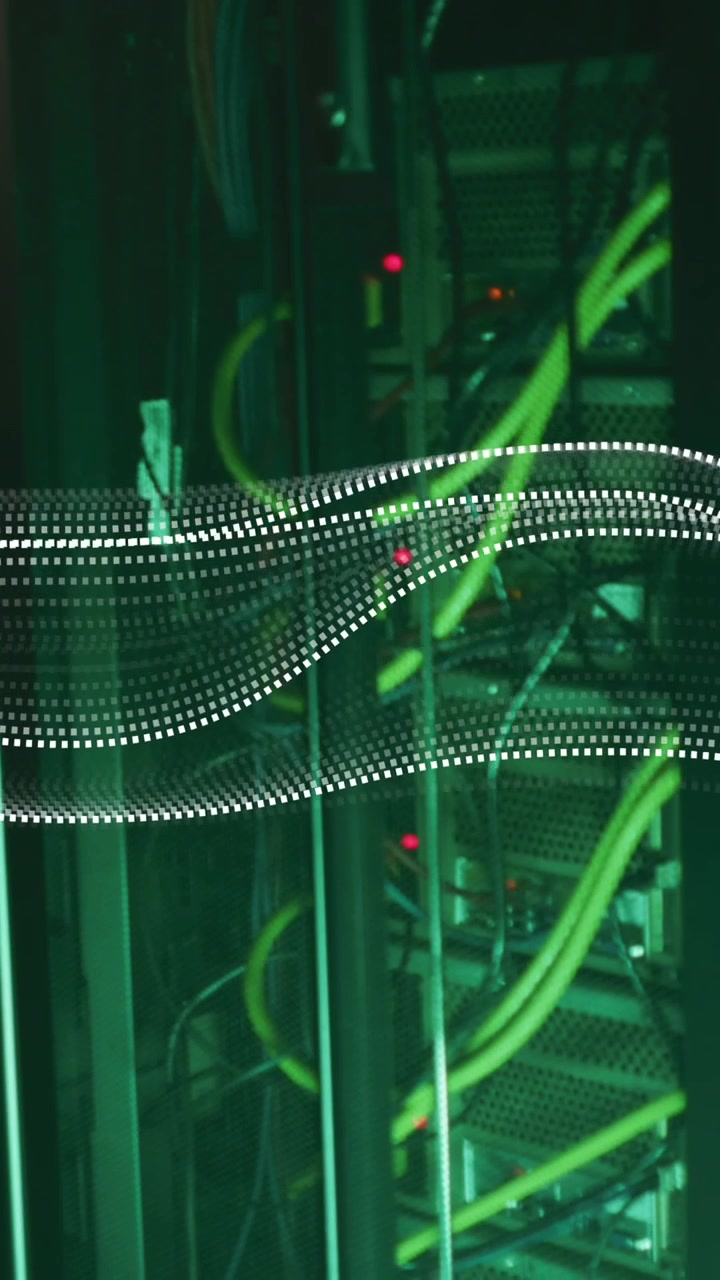 Animation of digital wave against close up of a computer server