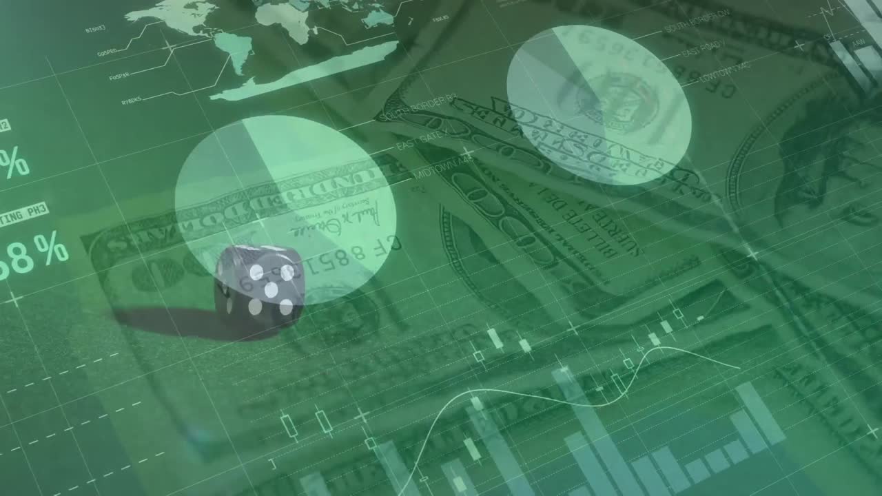 은행권과 주사위에 대한 데이터 처리의 애니메이션