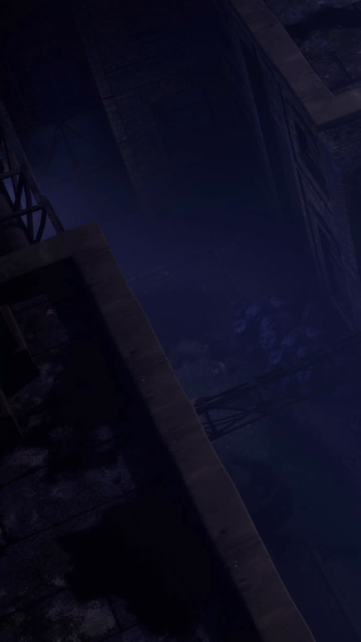 Construction site at night with shadows and structures visible