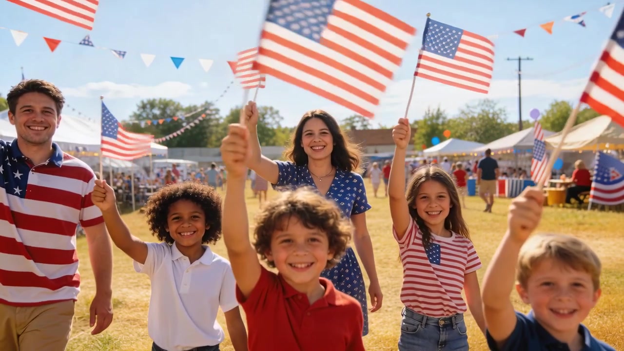Famiglia che cammina sventolando bandiere americane, celebrando una fiera verso la telecamera, con l'uomo che indossa una polo a righe e la donna un vestito blu.