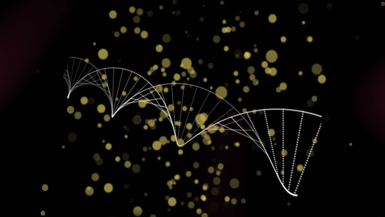 흑색 배경 위에 빛의 반점이 빛나고 회전하는 dna 줄무의 애니메이션