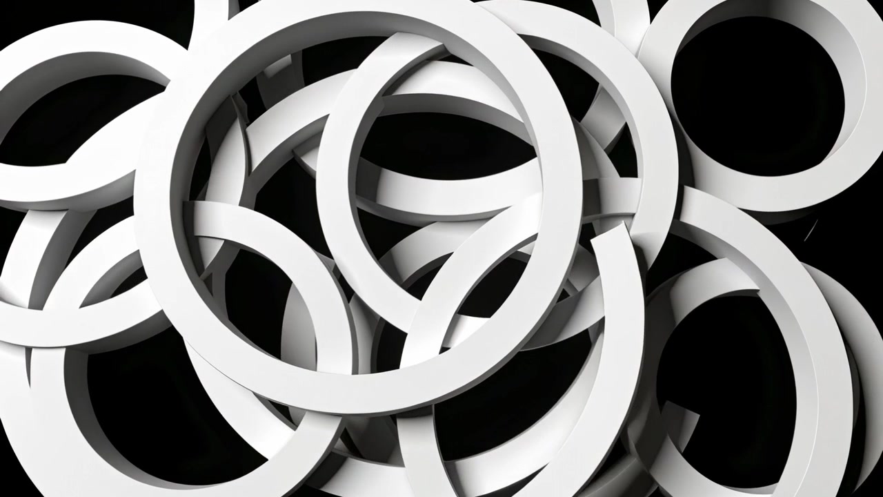 Animation starting white hollow rings shifting and rotating, forming nested layout over black void