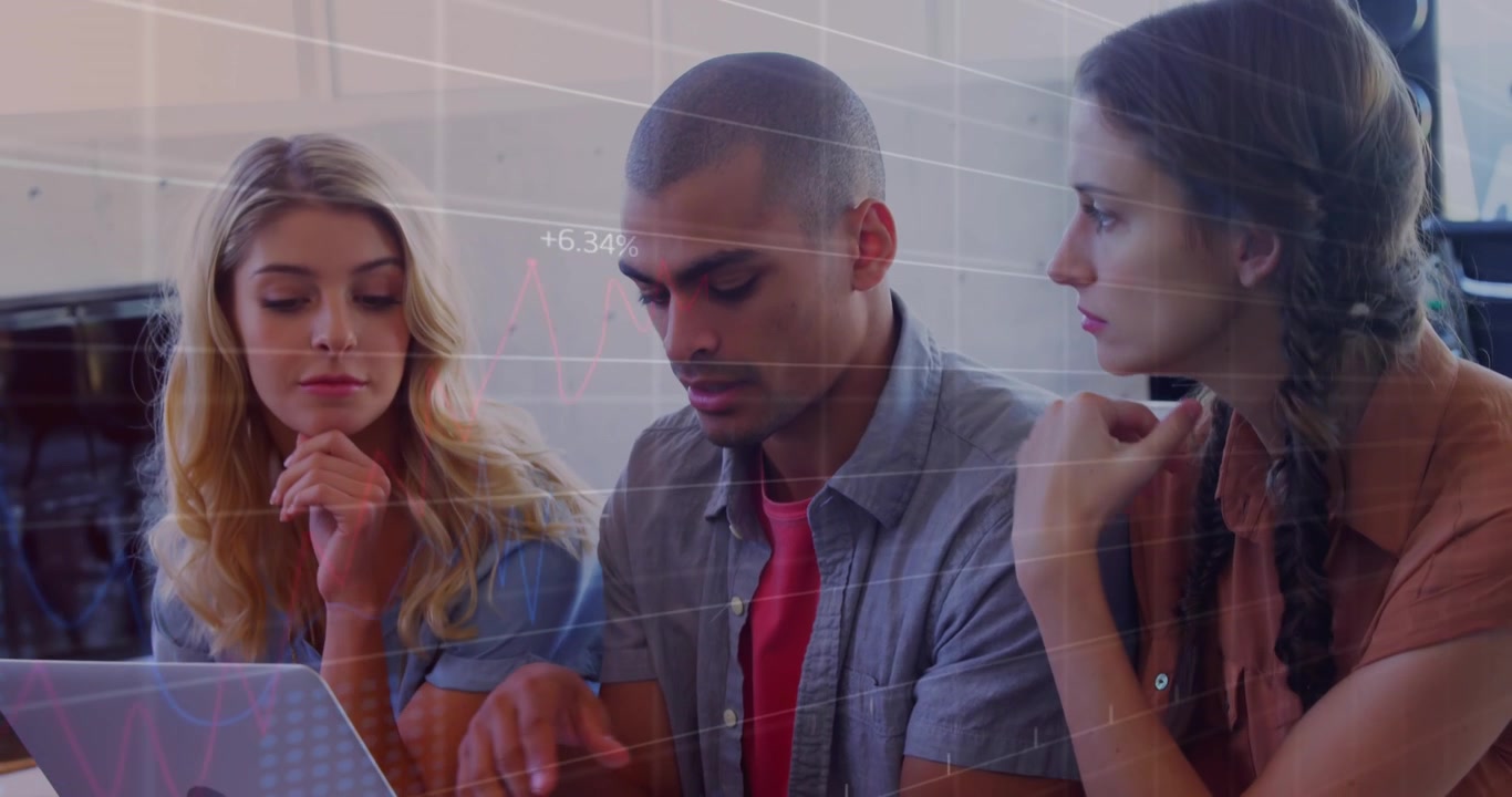 Animation of statistical data processing over three diverse colleagues discussing over a laptop