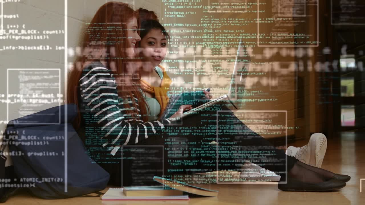 Animation of data processing over happy diverse teenage friends using laptop