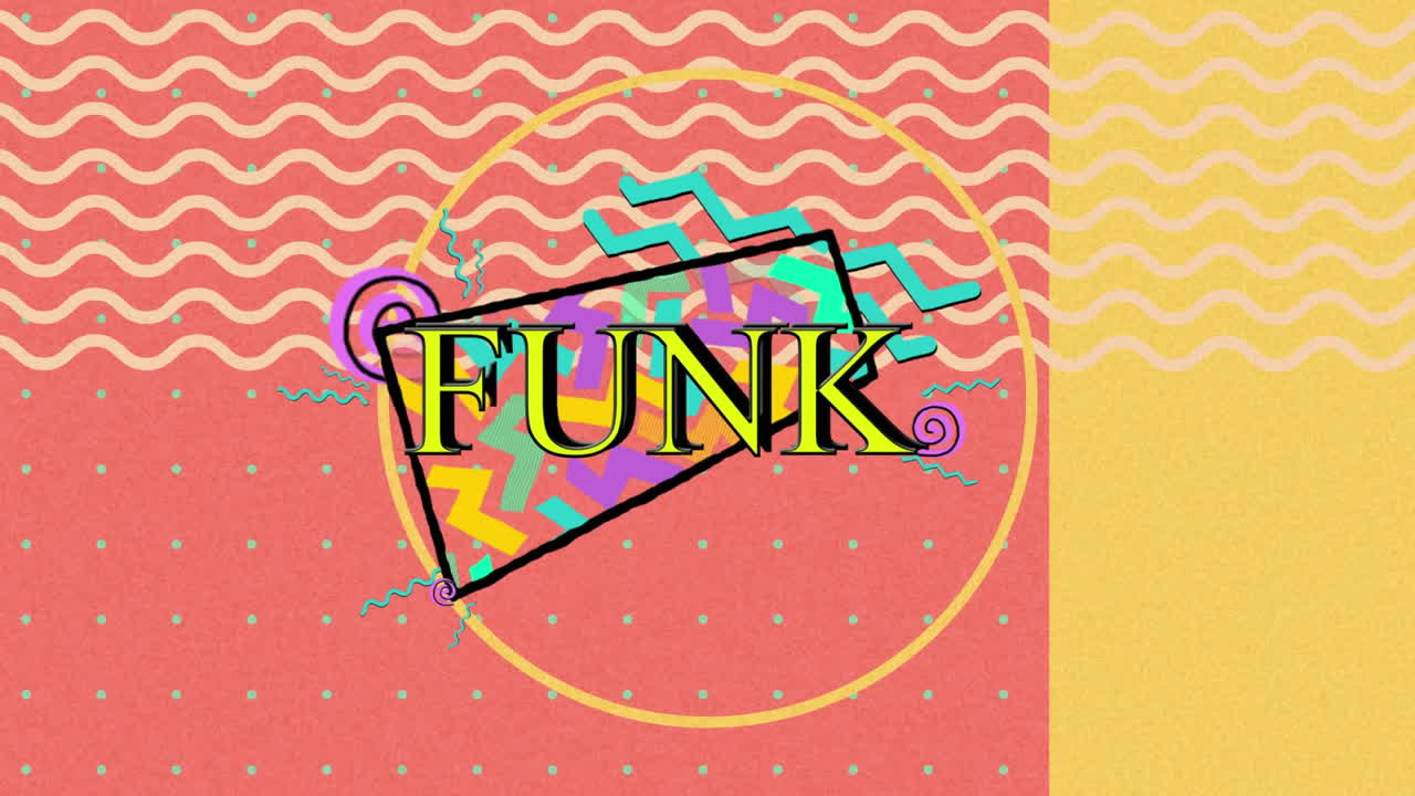 animación de texto funk y patrones de ondas y formas coloridas en un fondo abstracto