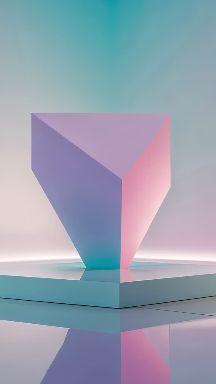 Vertical video: Loading inverted triangular prism hovering above square platform spinning soft hues