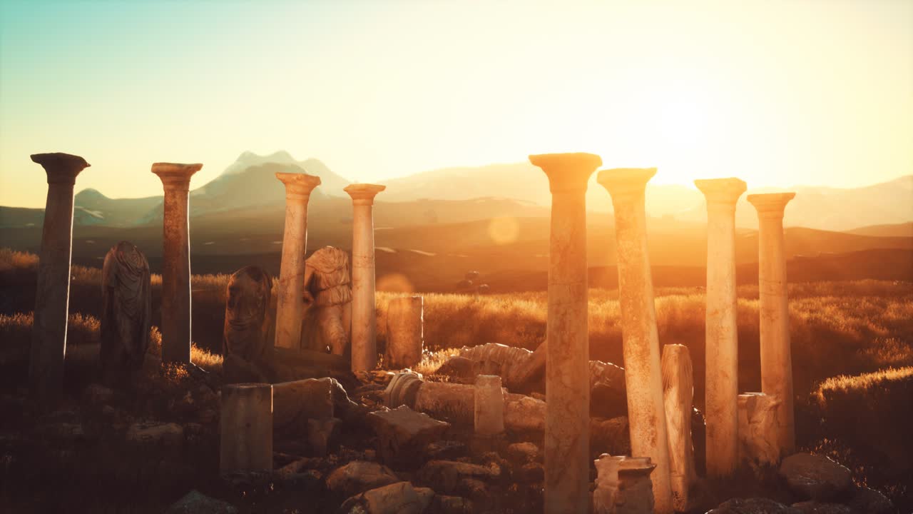 일몰 에 있는 고대 그리스 사원 폐허