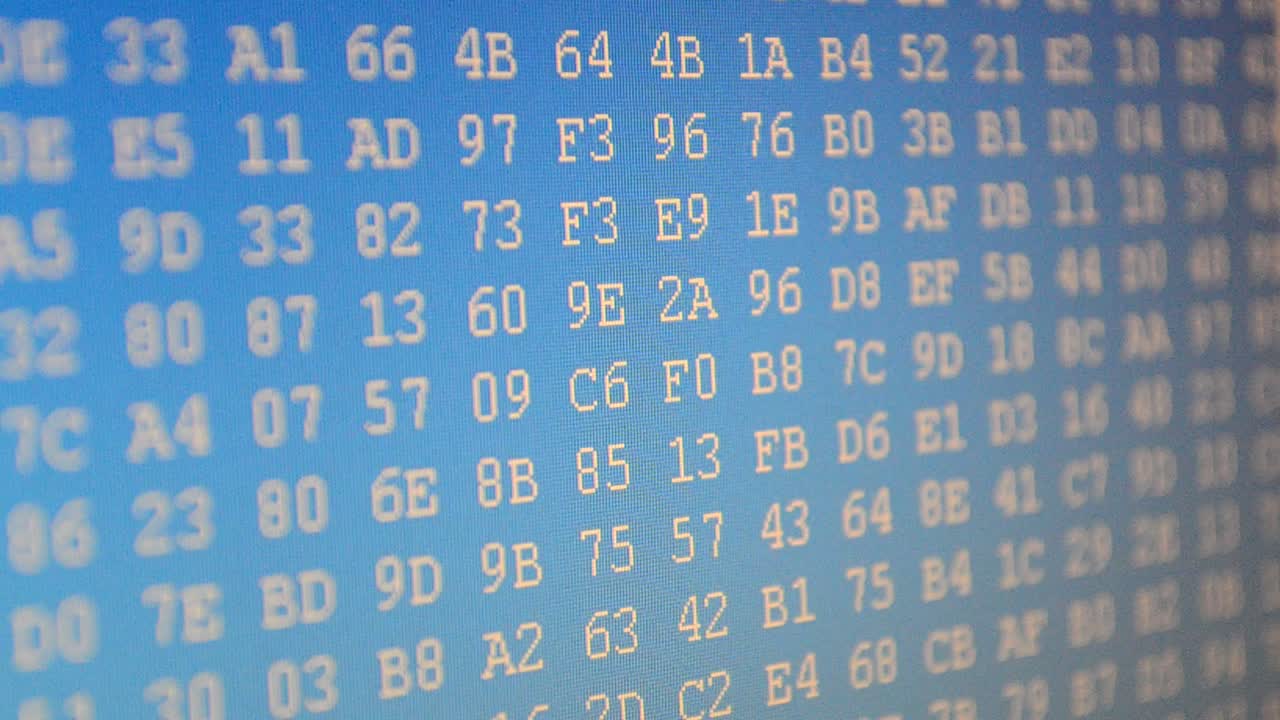 Work of the program. Movement of figures on the screen. Hexadecimal program code on screen. Animated background of moving binary code numbers