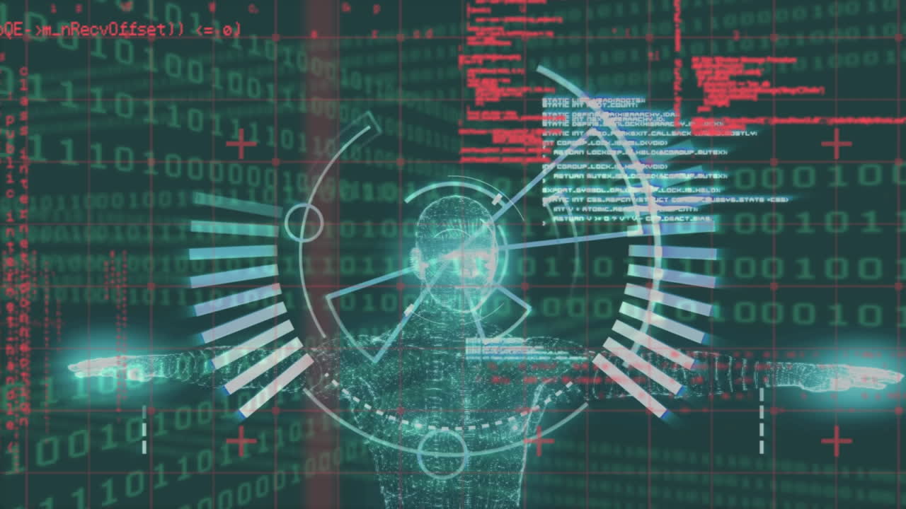 Animation of scope scanning and human model over data processing on black background