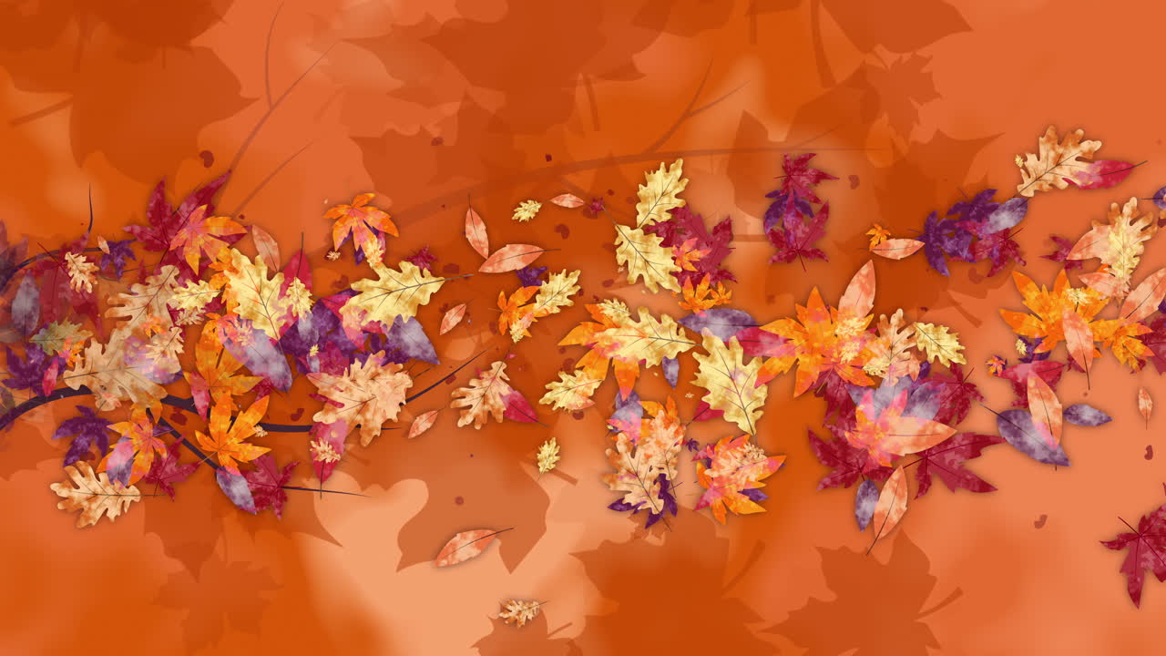Brightly colored oak and maple leaves from a twirling and falling tree branch. Animated looped autumn orange background.