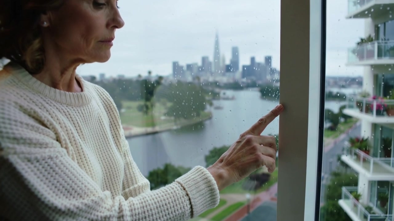 Seeing raindrops woman in cream sweater tracing apt window sitting on ledge thinking, copy space
