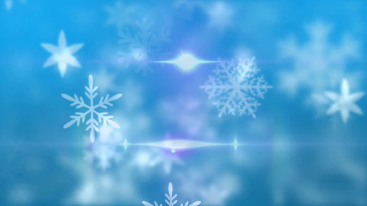 Snowflakes falling over blue background with light effects, creating winter scene