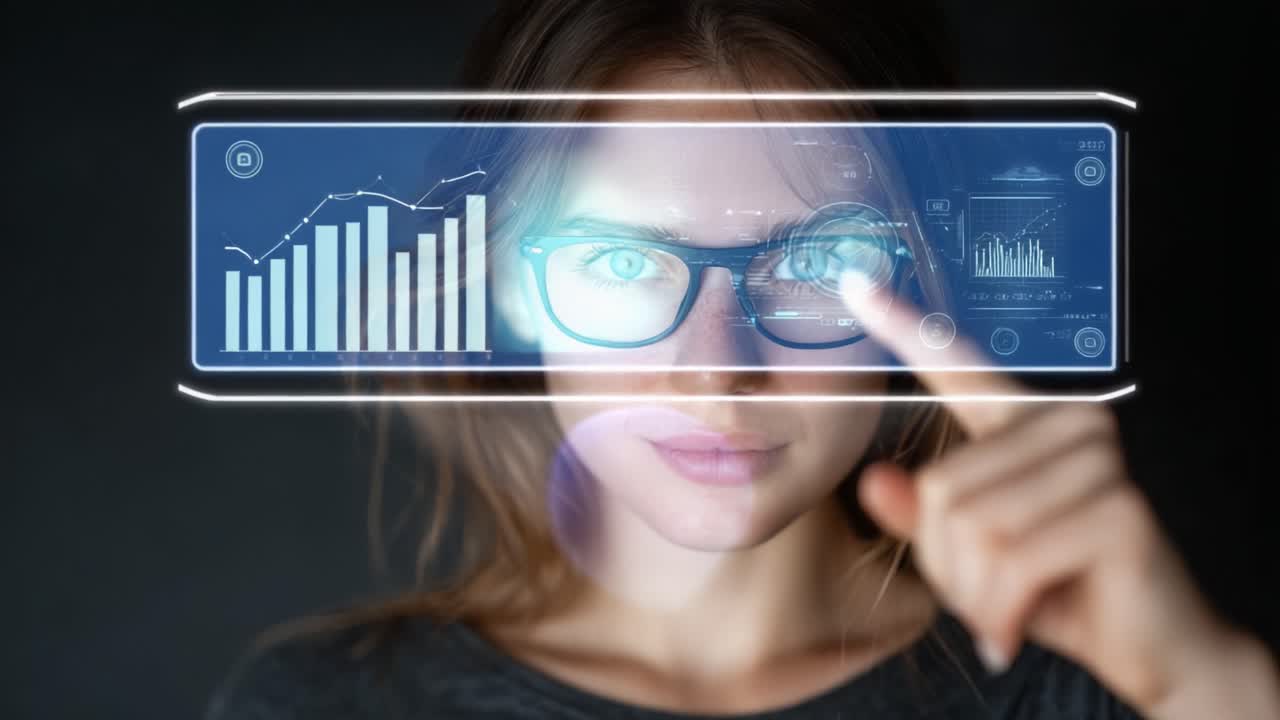 A Woman with Glasses Interacting with Innovative Technology: A Glimpse into the Future of Digital Interfaces and Data Interaction