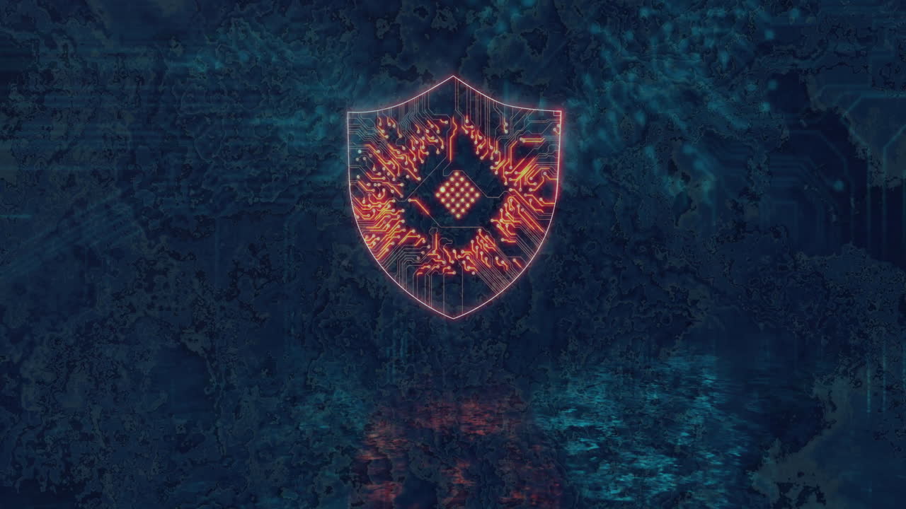 Animation of glowing shield with circuit pattern over digital network background