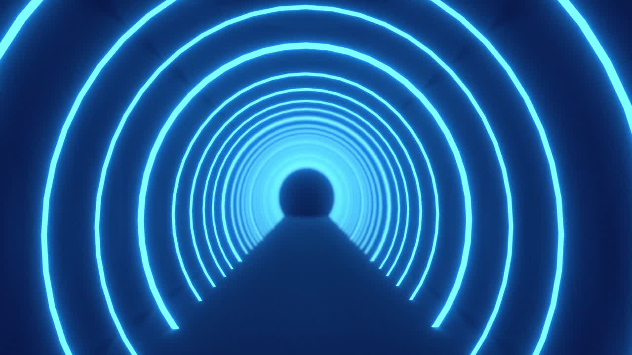 moviéndose a través de un túnel de arcos de neón azules concétricos pulsando sobre un fondo negro