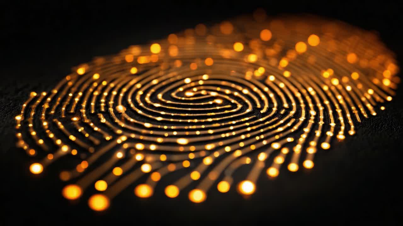 An Artistic Representation of a Gold Fingerprint, Highlighting the Intricate Patterns and Unique Identity Features Through Glowing Lines and Dots